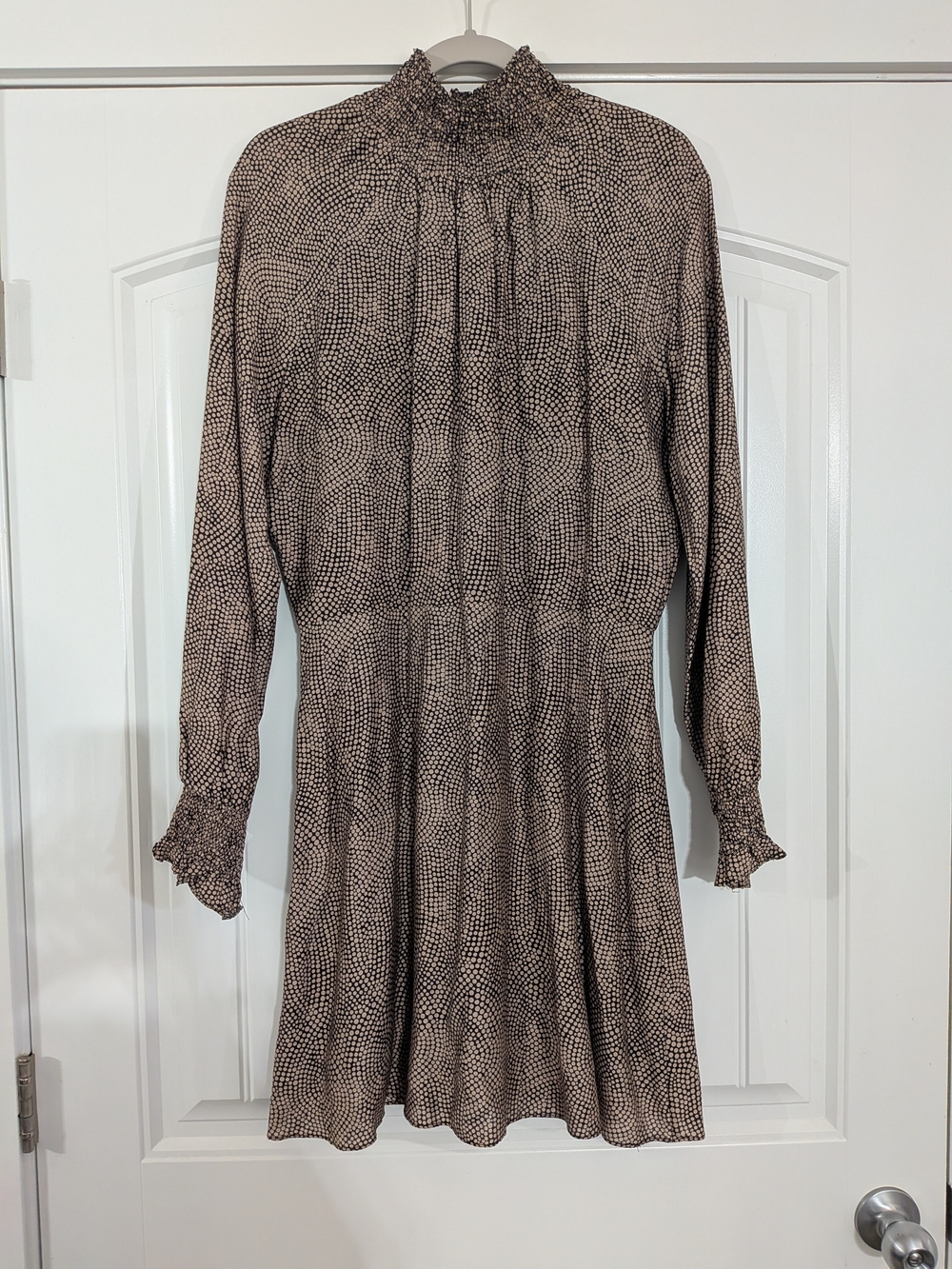 Caballero High Smocked Neck Silk Blend Long-Sleeve Polka Dot Mini Dress